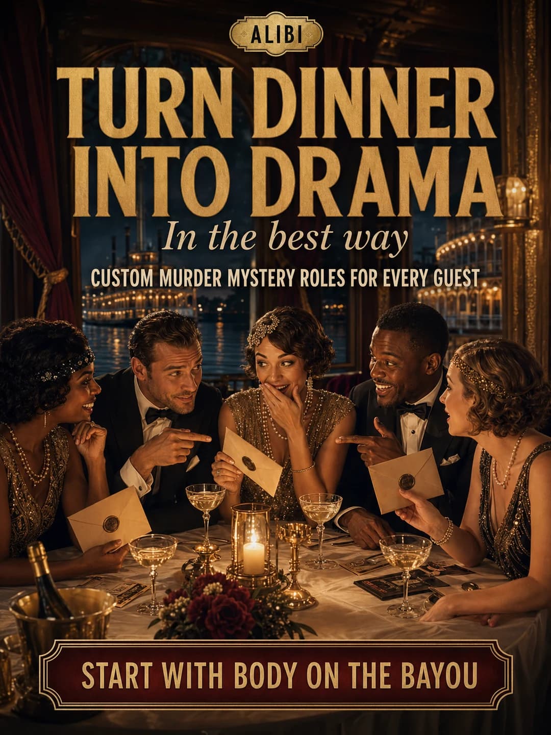 Turn dinner into drama custom mystery roles ad card
