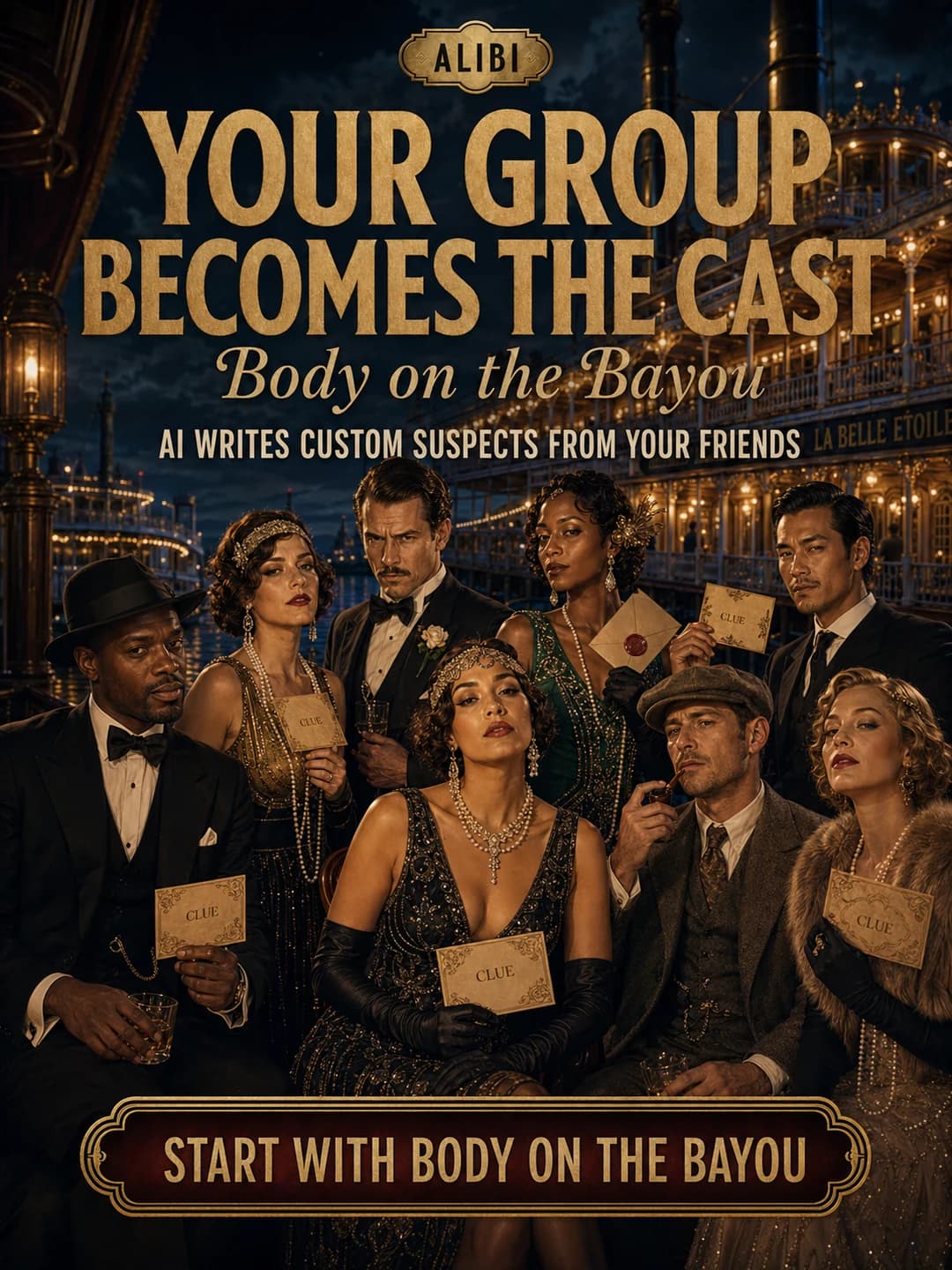 Your group becomes the cast Body on the Bayou ad card