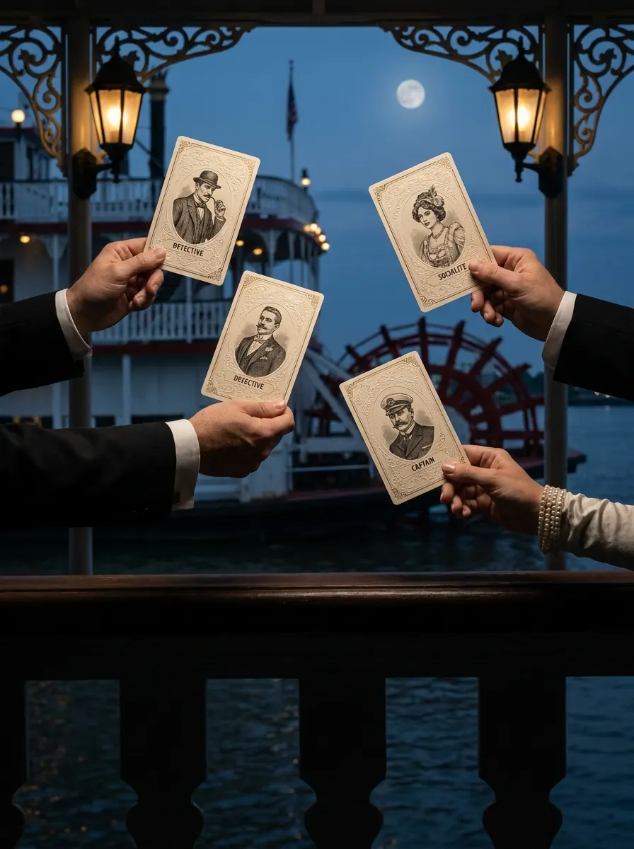 Guests holding custom character cards on a moonlit riverboat deck