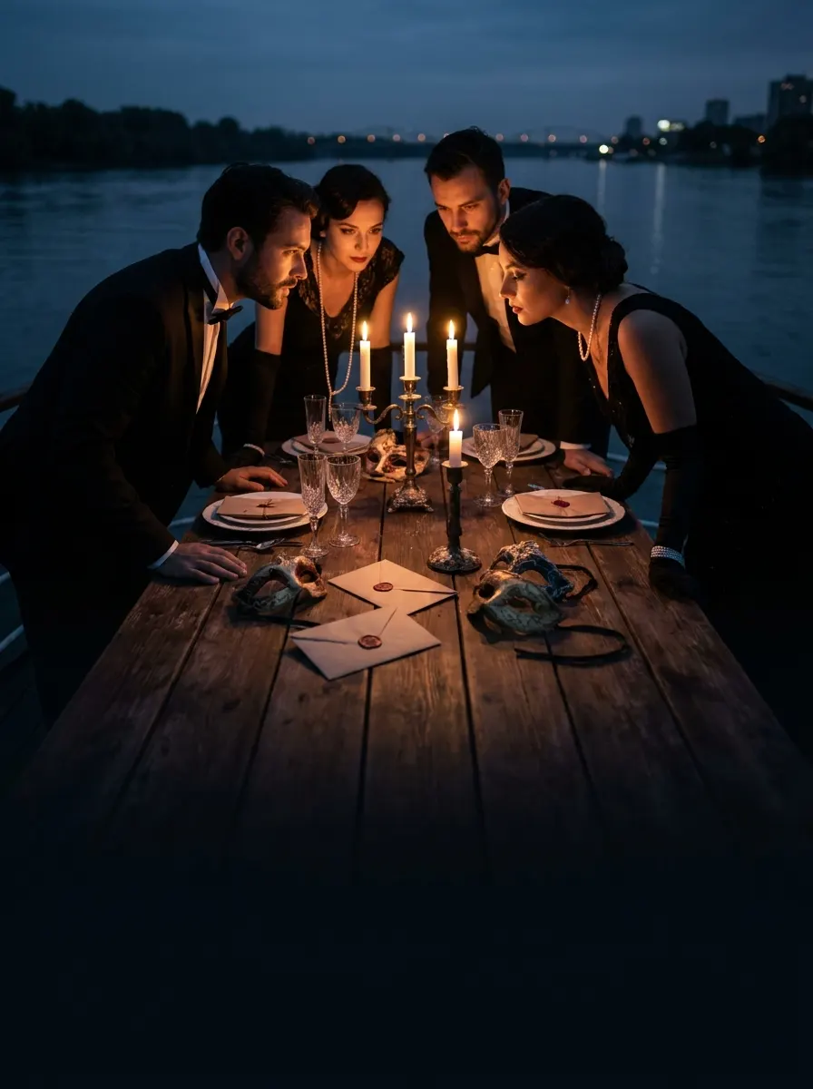 Friends gathered around a candlelit dinner table with secrets