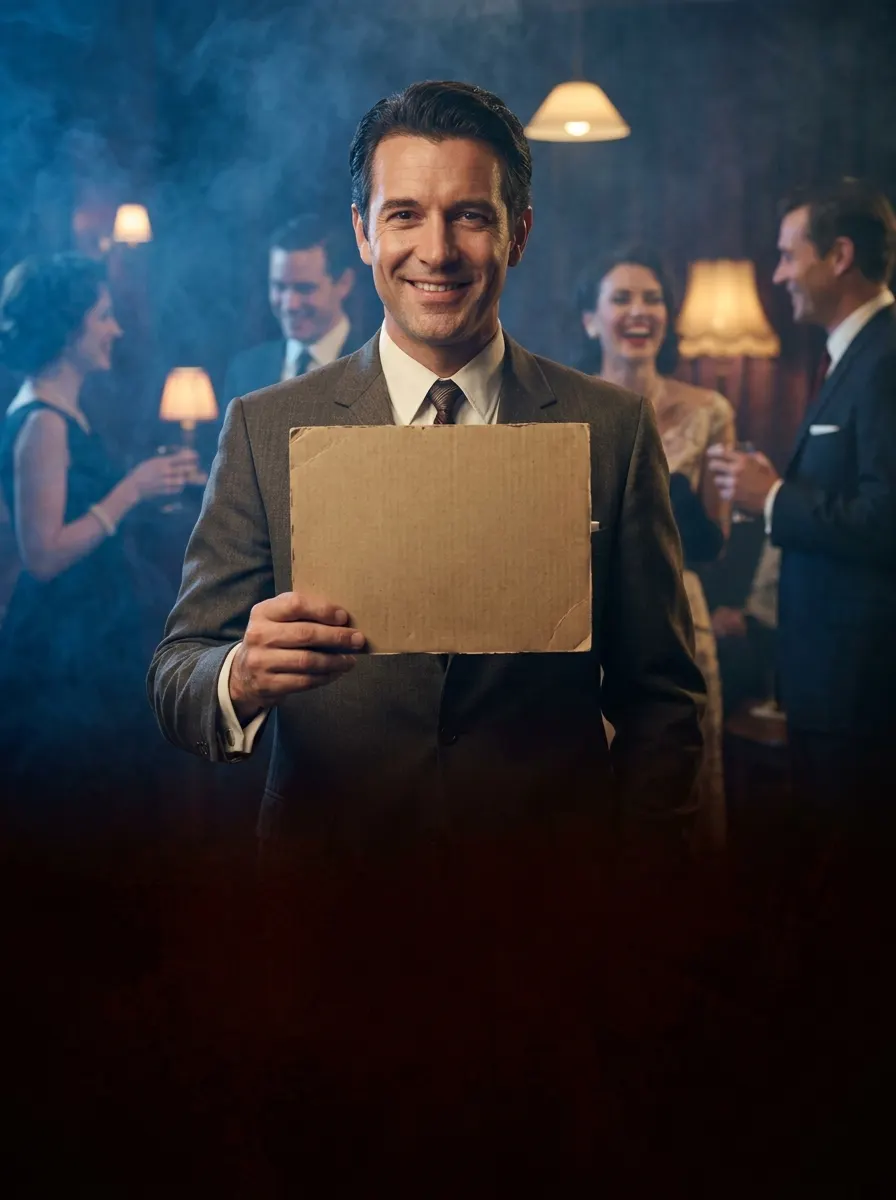A confident host at a Jazz Age party holding the finished case