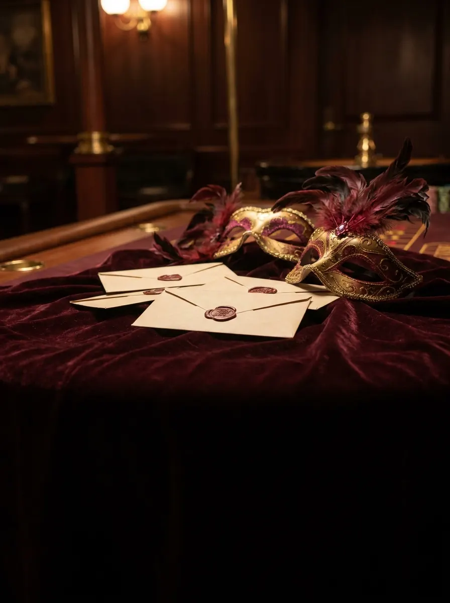 Sealed envelopes and masquerade mask on velvet in a riverboat lounge