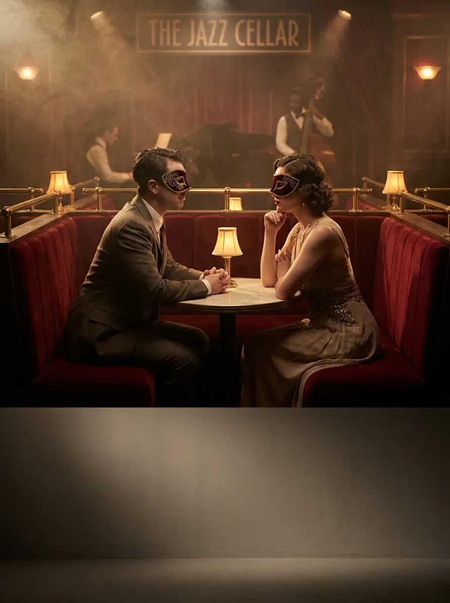 Masked guests trading suspicious looks in a Jazz Age booth