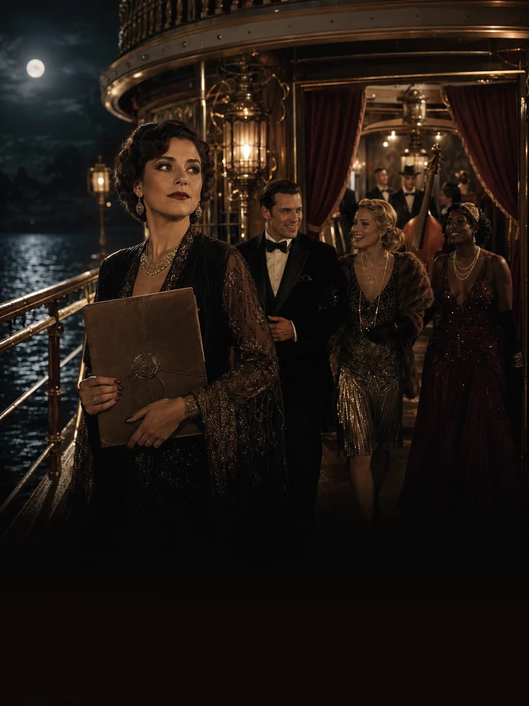 Confident Jazz Age host on a New Orleans riverboat
