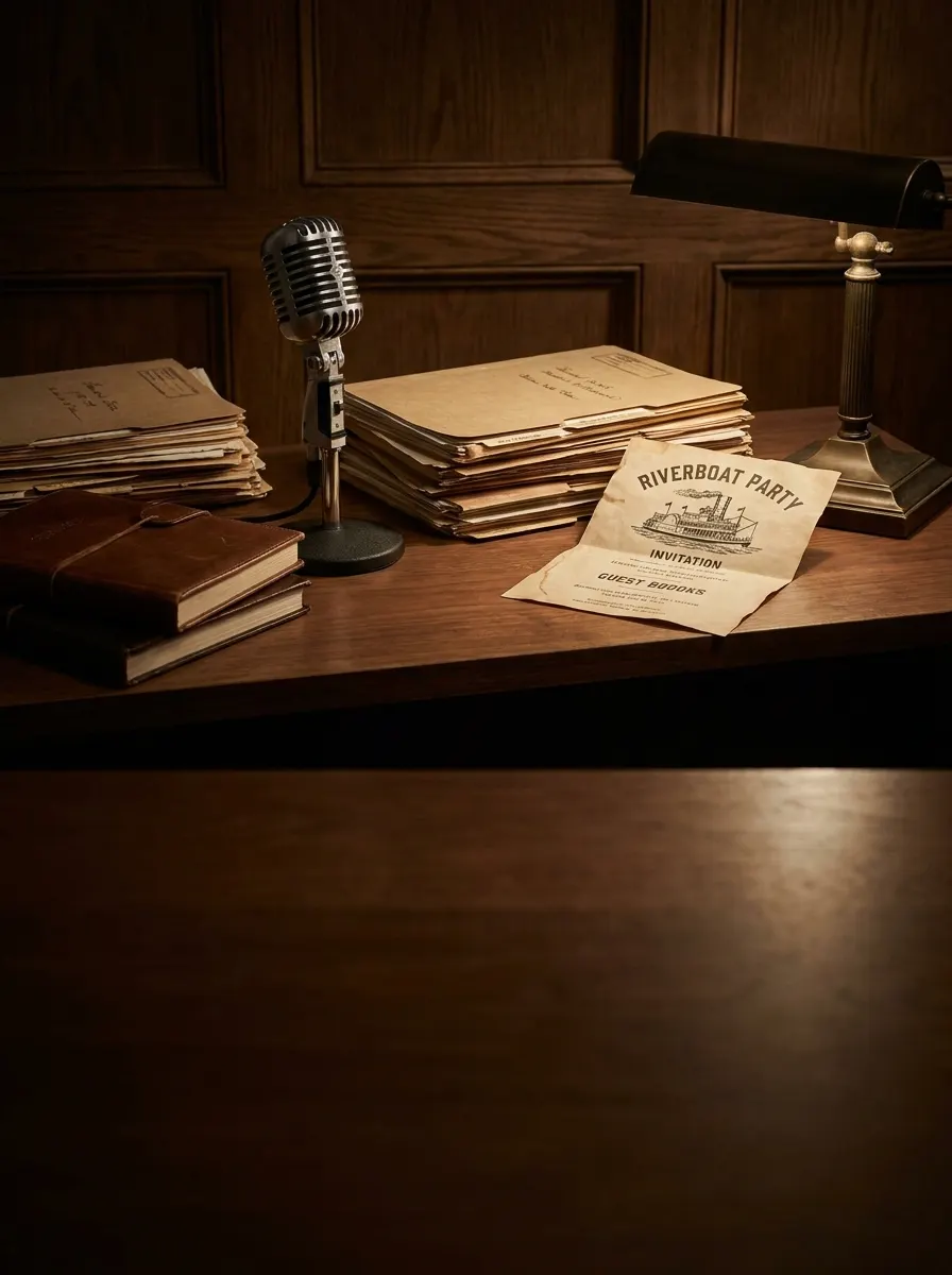 Prepared case folders and party invitation on a wooden desk