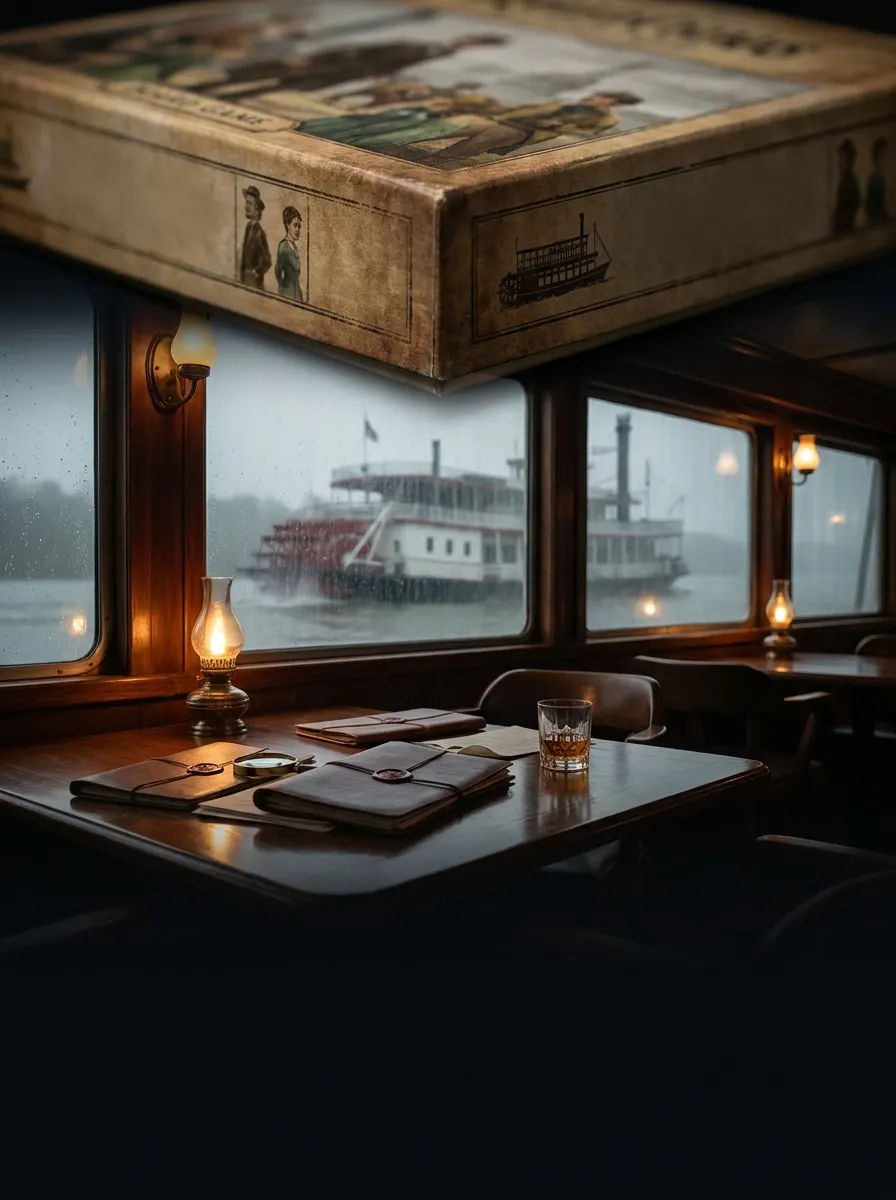 Stormy riverboat window with a custom case kit on a table
