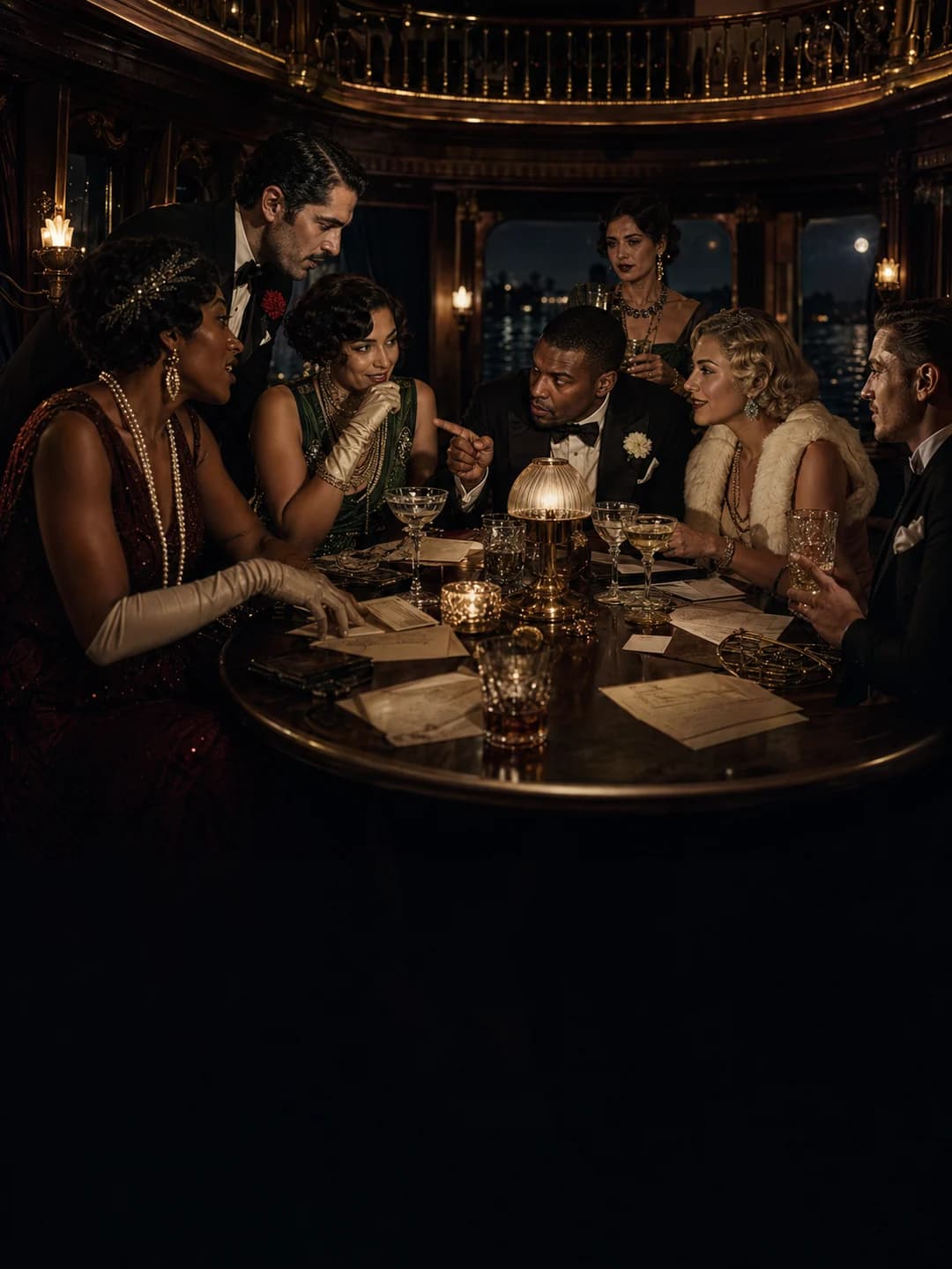 Friends at a candlelit Jazz Age riverboat murder mystery dinner