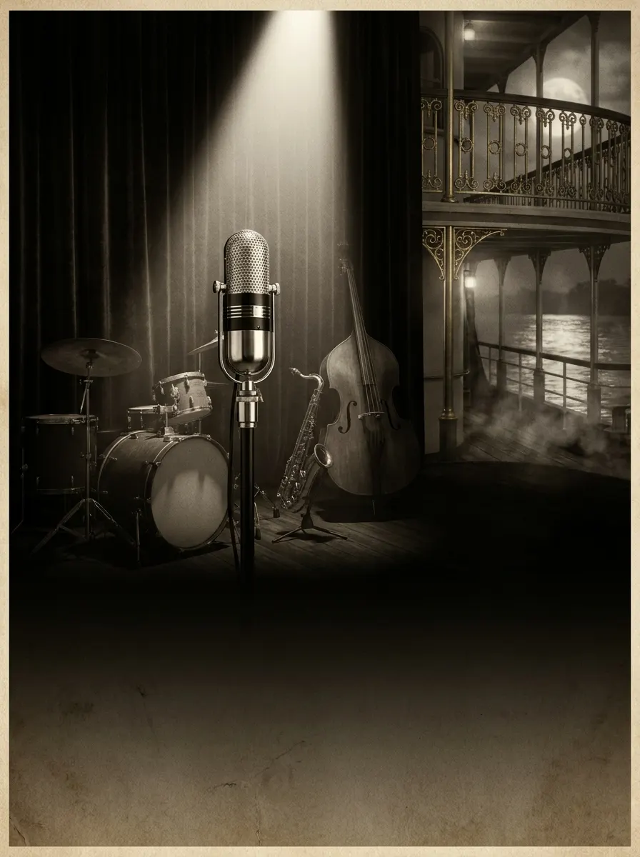 Vintage microphone and jazz instruments on a smoky riverboat stage